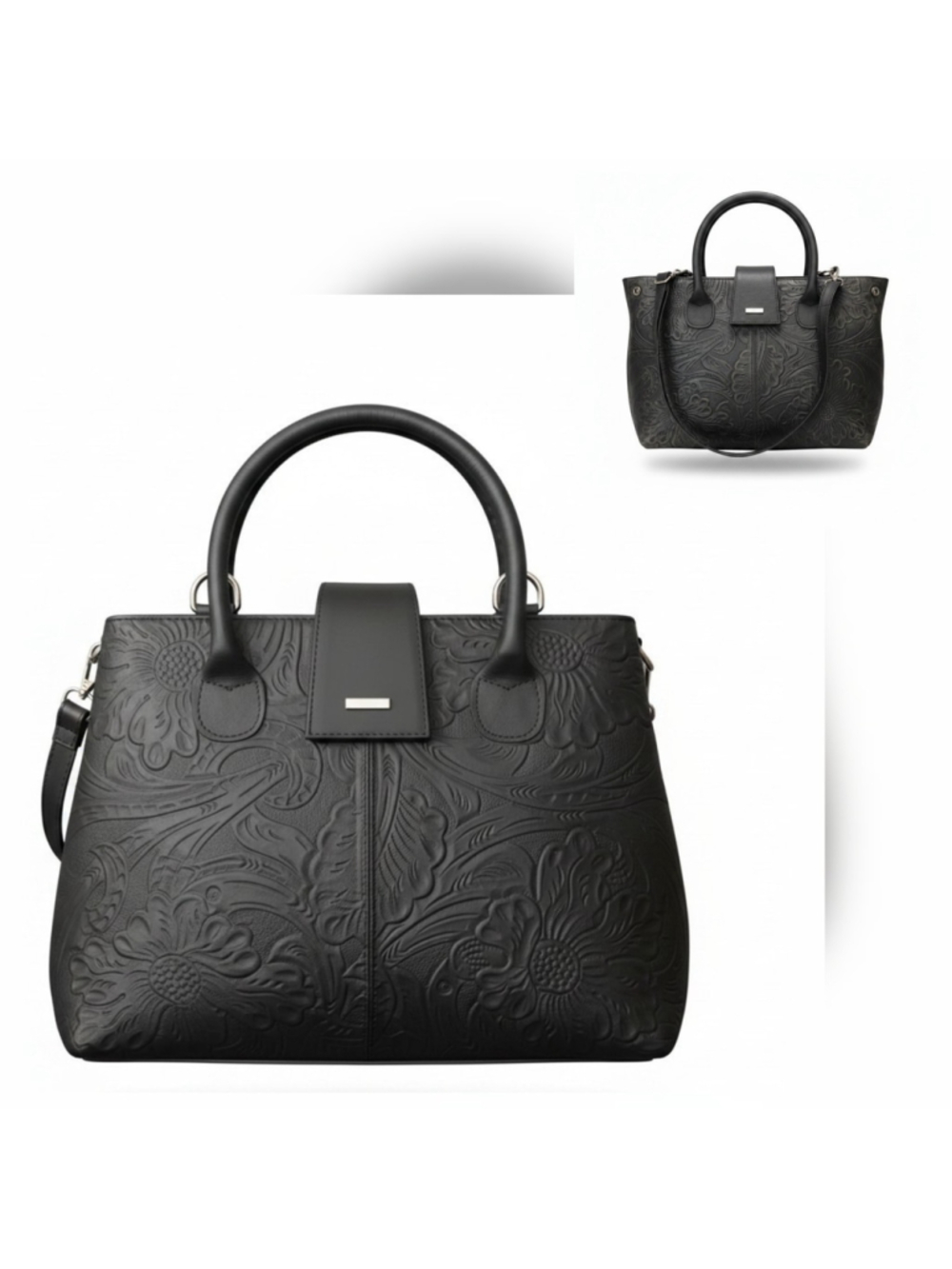 Black Floral Embossed Tooled Artisan LEATHER Hobo Bag Purse Crossbody - Picture 2 of 16